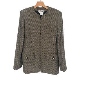 Carlisle Herringbone Wool Womens Blazer Jacket Size 12 Black Beige pockets